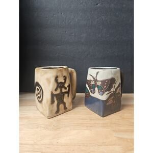 2 Mara Mexico Petroglyph & Butterfly Mugs Ceramic Hand Made Painted Stoneware